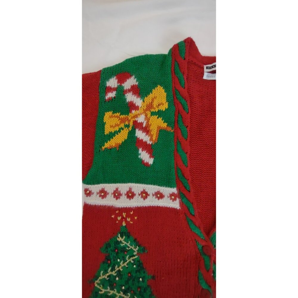 Jennifer Moore Vintage CHRISTMAS Sweater Hand Knit Beads Bows Three Women Size M - Picture 7 of 13